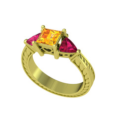 Prenses Tria Yüzük - Sitrin ve rodolit garnet 14 ayar altın yüzük #glvv3k