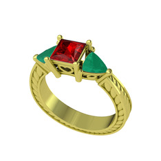 Prenses Tria Yüzük - Garnet ve kök zümrüt 8 ayar altın yüzük #hfee22