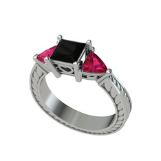 Prenses Tria Yüzük - Siyah zirkon ve rodolit garnet 18 ayar beyaz altın yüzük #j96ecm