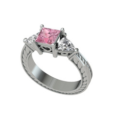 Pembe kuvars ve beyaz zirkon 18 ayar beyaz altın yüzük