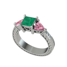 Prenses Tria Yüzük - Kök zümrüt ve pembe kuvars 14 ayar beyaz altın yüzük #jyiva9