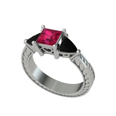 Prenses Tria Yüzük - Rodolit garnet ve siyah zirkon 925 ayar gümüş yüzük #l6li8y