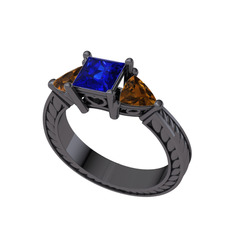 Prenses Tria Yüzük - Lab safir ve dumanlı kuvars 925 ayar siyah rodyum kaplama gümüş yüzük #m80hmx