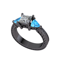 Prenses Tria Yüzük - Swarovski ve akuamarin 925 ayar siyah rodyum kaplama gümüş yüzük #n3rzna