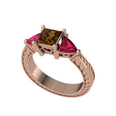 Dumanlı kuvars ve rodolit garnet 8 ayar rose altın yüzük