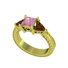 Pembe kuvars ve dumanlı kuvars 14 ayar altın yüzük