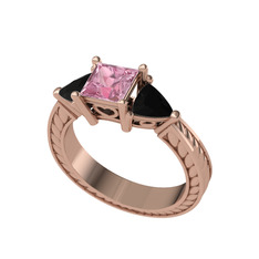 Pembe kuvars ve siyah zirkon 14 ayar rose altın yüzük