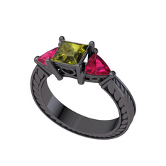 Prenses Tria Yüzük - Peridot ve rodolit garnet 925 ayar siyah rodyum kaplama gümüş yüzük #r4dnq7
