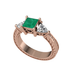 Kök zümrüt ve beyaz zirkon 14 ayar rose altın yüzük