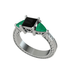 Prenses Tria Yüzük - Siyah zirkon ve kök zümrüt 925 ayar gümüş yüzük #sw16lp