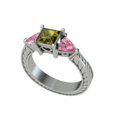 Peridot ve pembe kuvars 14 ayar beyaz altın yüzük