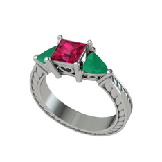 Prenses Tria Yüzük - Rodolit garnet ve kök zümrüt 18 ayar beyaz altın yüzük #tfhfs9