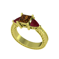 Prenses Tria Yüzük - Dumanlı kuvars ve kök yakut 925 ayar altın kaplama gümüş yüzük #ucncrq