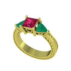 Prenses Tria Yüzük - Rodolit garnet ve kök zümrüt 14 ayar altın yüzük #udmuk0