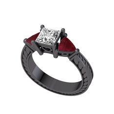 Prenses Tria Yüzük - Beyaz zirkon ve kök yakut 925 ayar siyah rodyum kaplama gümüş yüzük #uftiu