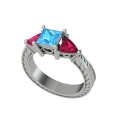 Prenses Tria Yüzük - Akuamarin ve rodolit garnet 8 ayar beyaz altın yüzük #upuxu6