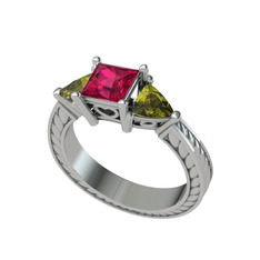 Prenses Tria Yüzük - Rodolit garnet ve peridot 14 ayar beyaz altın yüzük #uxb89c