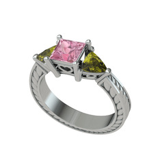 Pembe kuvars ve peridot 8 ayar beyaz altın yüzük