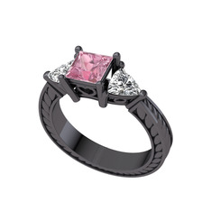 Prenses Tria Yüzük - Pembe kuvars ve beyaz zirkon 925 ayar siyah rodyum kaplama gümüş yüzük #xldnei