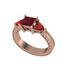 Prenses Tria Yüzük - Kök yakut ve garnet 925 ayar rose altın kaplama gümüş yüzük #xubp35