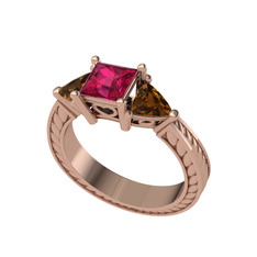 Prenses Tria Yüzük - Rodolit garnet ve dumanlı kuvars 8 ayar rose altın yüzük #yt5fw0