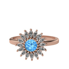 Taşlı Papatya Yüzük - Akuamarin ve swarovski 8 ayar rose altın yüzük #100bft2