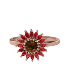 Taşlı Papatya Yüzük - Dumanlı kuvars ve garnet 18 ayar rose altın yüzük #11zl8a7
