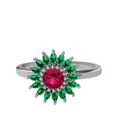 Taşlı Papatya Yüzük - Rodolit garnet ve yeşil kuvars 14 ayar beyaz altın yüzük #12s7de