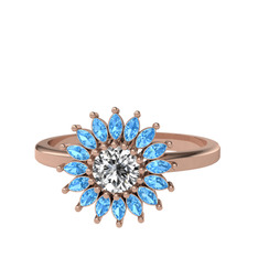 Taşlı Papatya Yüzük - Beyaz zirkon ve akuamarin 14 ayar rose altın yüzük #130dmsx