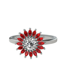 Taşlı Papatya Yüzük - Beyaz zirkon ve garnet 18 ayar beyaz altın yüzük #13xcpns