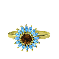 Dumanlı kuvars ve akuamarin 8 ayar altın yüzük