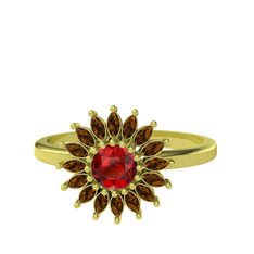 Taşlı Papatya Yüzük - Garnet ve dumanlı kuvars 14 ayar altın yüzük #14tzalw