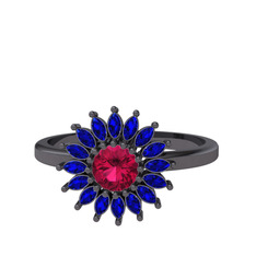 Taşlı Papatya Yüzük - Rodolit garnet ve lab safir 925 ayar siyah rodyum kaplama gümüş yüzük #15shggg