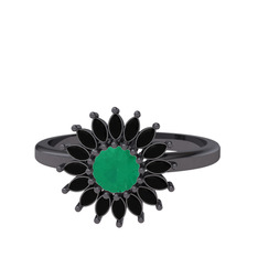 Taşlı Papatya Yüzük - Kök zümrüt ve siyah zirkon 925 ayar siyah rodyum kaplama gümüş yüzük #15sr0fj