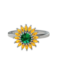 Taşlı Papatya Yüzük - Yeşil kuvars ve sitrin 8 ayar beyaz altın yüzük #16qfo0a