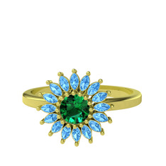 Taşlı Papatya Yüzük - Yeşil kuvars ve akuamarin 8 ayar altın yüzük #16virwq