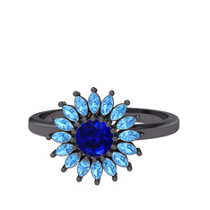 Taşlı Papatya Yüzük - Lab safir ve akuamarin 925 ayar siyah rodyum kaplama gümüş yüzük #16za3v8