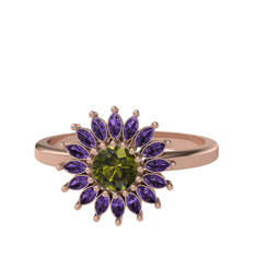 Taşlı Papatya Yüzük - Peridot ve ametist 8 ayar rose altın yüzük #176knwp