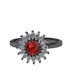 Taşlı Papatya Yüzük - Garnet ve swarovski 925 ayar siyah rodyum kaplama gümüş yüzük #17eo6lb