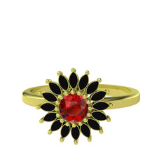 Taşlı Papatya Yüzük - Garnet ve siyah zirkon 14 ayar altın yüzük #18kzthb