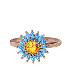 Taşlı Papatya Yüzük - Sitrin ve akuamarin 18 ayar rose altın yüzük #19dzswi