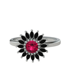 Taşlı Papatya Yüzük - Rodolit garnet ve siyah zirkon 14 ayar beyaz altın yüzük #1bk3nwj