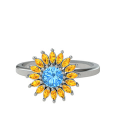 Taşlı Papatya Yüzük - Akuamarin ve sitrin 8 ayar beyaz altın yüzük #1cebm4f