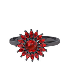 Taşlı Papatya Yüzük - Garnet 925 ayar siyah rodyum kaplama gümüş yüzük #1fhna38