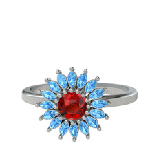 Taşlı Papatya Yüzük - Garnet ve akuamarin 8 ayar beyaz altın yüzük #1fv90nh