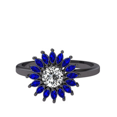Taşlı Papatya Yüzük - Swarovski ve lab safir 925 ayar siyah rodyum kaplama gümüş yüzük #1ht70ht