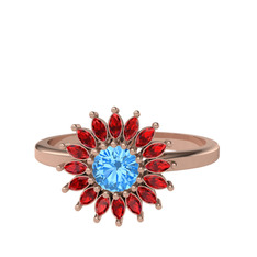 Akuamarin ve garnet 14 ayar rose altın yüzük