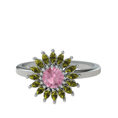 Taşlı Papatya Yüzük - Pembe kuvars ve peridot 8 ayar beyaz altın yüzük #1jr0gbf