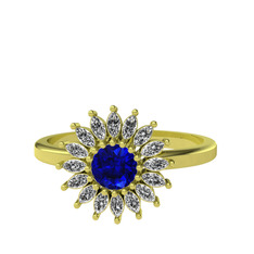 Taşlı Papatya Yüzük - Lab safir ve swarovski 8 ayar altın yüzük #1kgmsls