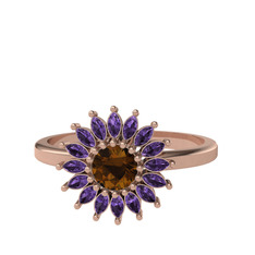 Taşlı Papatya Yüzük - Dumanlı kuvars ve ametist 8 ayar rose altın yüzük #1ktob14